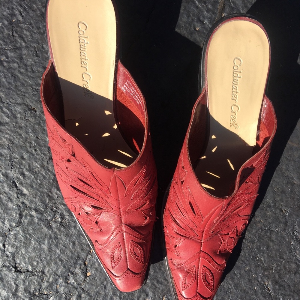 Coldwater Creek red leather mules.  Size 9.
